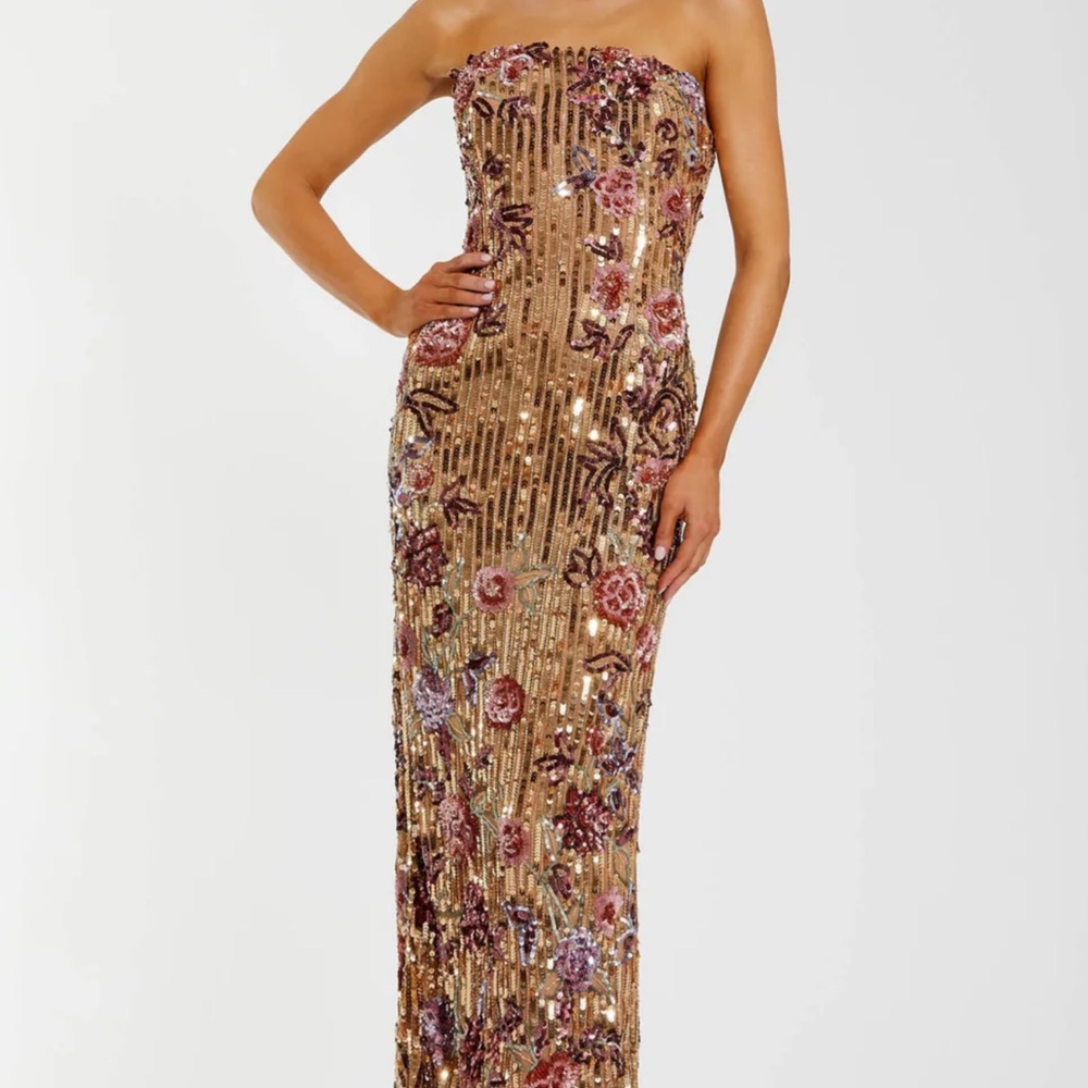 Mac Duggal Strapless Gold Sequin Gown